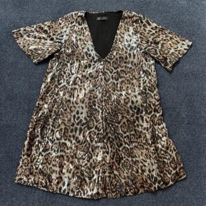 Zara Dress Womens XS Brown Sequin Leopard V Neck Short Sleeve Swing Mini Party